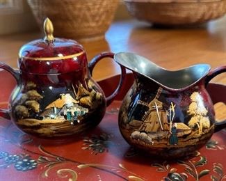 5pc Handpainted Dutch kraantjeskan Antique Lacquered Pewter Coffee Urn	Teapot: 15.5 x 6 x 5in	
