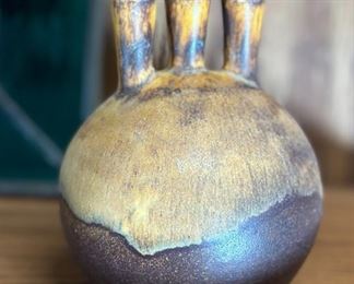 Signed MCM 3 Spout Art Vase Ceramics Pottery OYE	4.5 inches high.	
