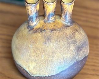 Signed MCM 3 Spout Art Vase Ceramics Pottery OYE	4.5 inches high.	
