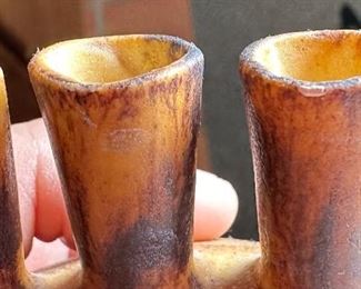 Signed MCM 3 Spout Art Vase Ceramics Pottery OYE	4.5 inches high.	
