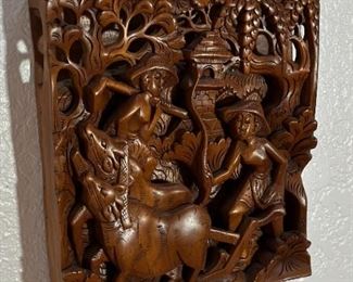 Vintage BALINESE Wood Carving Hand Carved High Relief 3D Wood Panel	10 x 9 x 2in	HxWxD
