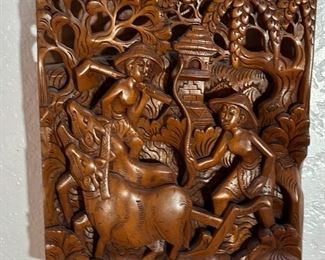 Vintage BALINESE Wood Carving Hand Carved High Relief 3D Wood Panel	10 x 9 x 2in	HxWxD
