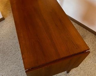 Danish Modern Teak Desk G.V. Gasvig Desk	Table top dimensions without Leaf 48 in x 24 in. With Leaf 64 in x 24 in desk, height, 28.25 inches, 49.25 inches long 24.25 inches deep.	
