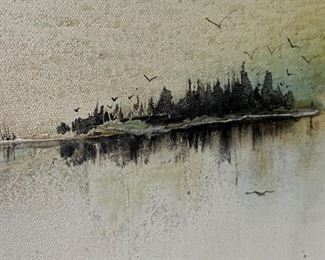 Original Art  Don Chase Lake Side MCM Painting 	Frame: 31.25 x 31.25in	
