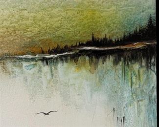 Original Art  Don Chase Lake Side MCM Painting 	Frame: 31.25 x 31.25in	
