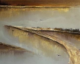 Original Art  Don Chase Beach Cove MCM Painting 	Frame: 31.25 x 31.25in	
