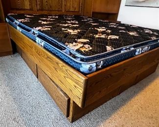 Oak tree furniture, solid oak bed, California king & spring air, back support mattress	headboard height 47 inches tall bed length 86.5 inches total bed with 74 inches bed height 25.5 inches.	
