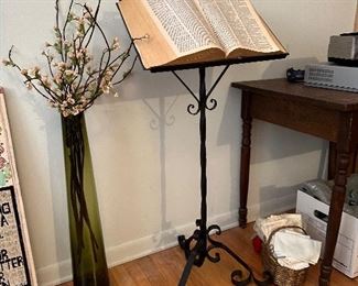 TALL GREEN VASE, METAL BOOK STAND