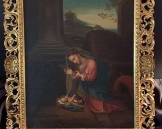 "The Adoration Of The Child" Reproduction Commissioned In France
This oil painting of the Nativity scene was commissioned in France. See photos for markings. The wood frame is 36" wide x 42" high. 