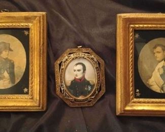 Antique Napoleon Portraits & Hand Painted Lithographs
Three Napoleon portraits (two are circa 1890).

Oval piece is a metal frame in a brass color. 5" x 4"

Two pieces are listed as hand painted lithographs 8.5" x 7.5"