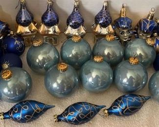Russian Style Christmas Ornaments , Moon&Star, Gold Gild Ornaments
Russian Ornaments are the blue and gold ornaments with the peaked roof. The other blue and gold gild are also appear to be blown glass. The round teal colored ornaments are about 3" in diameter, there are a total of 23. Not all were pictured. Shipping is available but be aware that handling charges will reflect the very fragile nature of these items.