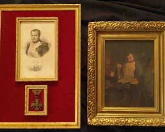 Napoleon Lithograph With "Croix De Guerre" Medal & Napoleon At Fontainebleau Framed Art
This lot includes a Portrait of Napoleon at Fontainebleau. Possibly oil. No signature. 11.5" x 14"

Framed Lithograph signed Leferve and medal marked 1914 1918 on back. The medal is one that was awarded for bravery in WW1 and WW2 called the "Croix De Guerre" Both framed and mounted in a red velvet background. 12" x 17"