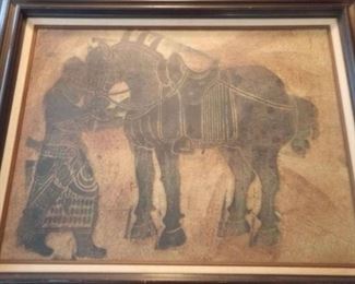 Tang Taizong Horse Chinese Rubbing Art
This lot includes a framed Chinese rubbing style of art, it is a portrait of a warrior and his horse.



35½w x 29h