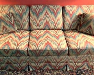 Thomasville Sofa
This firm sofa in pinks and blues is 85" l x 33" d x 34" h. 