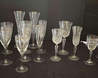 Crystal Stemware Featuring Waterford, Wedgewood, & Gorman
Three gold rimmed Gorman crystal glasses, Champagne flute, white wine, red wine
Three Wedgewood crystal glasses, champagne flute, white wine, red wine
Waterford crystal glasses, Three gold trimmed and cut crystal, champagne flute, white wine, red wine 
Two Waterford crystal gold rimmed, cut crystal in a ribbon and bow pattern, white wine and champagne flute 
Reed and Barton 2 large toasting champagne flutes, h-10"
Three Waterford Crystal glasses, rimmed design, champagne flute, wine, and beverage.