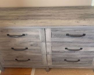 Saucer Gray Distressed Dresser 
This dresser is in excellent condition and is 57" long x 18" deep x 33" high.