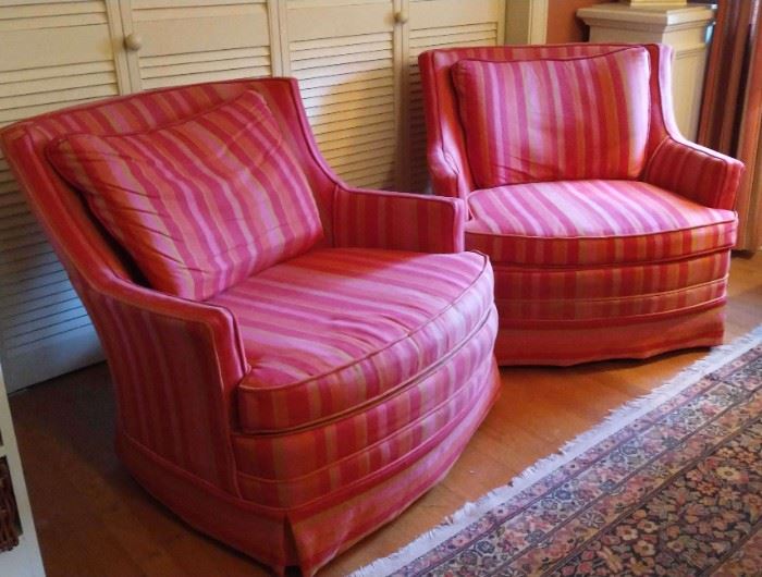 Montclair Collections Retro Striped Armchairs
Beautiful pink striped upholstered chairs by Montclair Furniture Company.  No obvious rips or stains, but there is some fading as would be expected with age.
29"H x 34" W x 34'D
