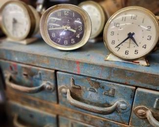 vintage alarm clocks and a fabulous vintage blue tool box