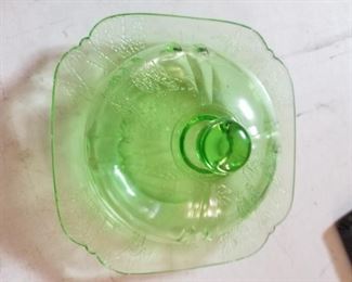 PARROT GREEN DEPPRESSION GLASS COVERED BUTTER DISH 