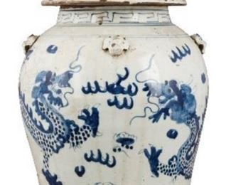 Pair of very large blue and white Foo Dog urns  