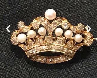 Antique diamond pearl gold crown brooch…England circa 1880