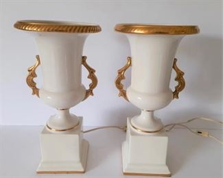 Antique Art Deco Urn Porcelain Mantle Boudoir Lamps Set/2 Ivory Gold Gilt