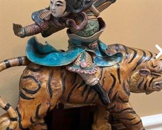 Chinese Early 20th C. Glazed Porcelain Roof Tile of a Warrior Riding a tiger