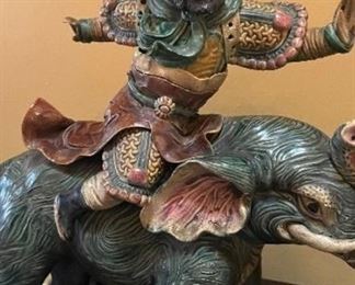 Chinese Early 20th C. Glazed Porcelain Roof Tile of a Warrior Riding an elephant