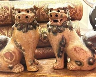 PAIR JAPANESE FOO DOGS, BROWN GLAZED POTTERY MADE IN JAPAN, APPROX 6.25"H