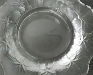 Pair of Lalique Crystal HONFLEURS Geranium Leaf Art Glass 5.75" Dish / Coaster…signed