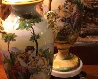 Monumental pair of hand painted Italian porcelain urns