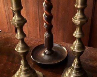 Fine old English candlesticks in brass and carved wood