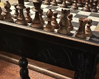 Antique carved wood chess set and board 