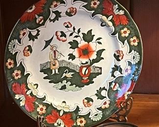 Vintage  Burslem Staffordshire pottery collectors display plate Pekin Oriental design 19th Century green tones