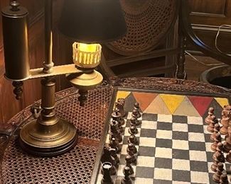 Antique Victorian Brass Parlor Lamp Circa 1910’s.  Hand carved chess set…fine old antique 