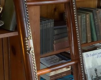 English studded leather walnut library ladder…closes down to a pole