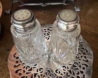 Victorian cut glass sterling and mother of pearl salt/pepper