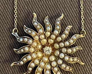 Georgian sunburst pendant in 14K pearls and center diamond
$1100 FIRM