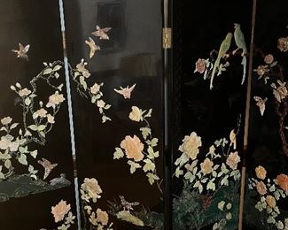 The finest JADE and ebonized wood floor screen with rare large jade parrots and chrysanthemums circa 1930-40