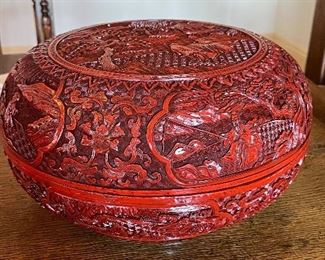 18th/19th Century Chinese Cinnabar Circular Box with Multiple Cartouches