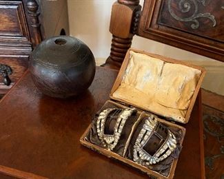 Cigar box, old Bacci ball and cased Victorian shoe buckles