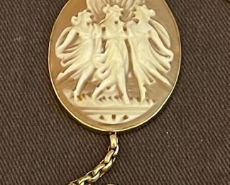 FINE  antique cameo of the three muses. French markings. T-bar is 9 ct. $600