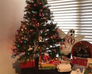 3 foot Pre-Lit Christmas Tree (We also have a 7 foot new in box) Lots of Hallmark Ornaments 1980s-2000s!