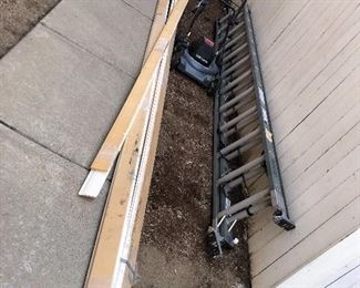 24 Foot Extension Ladder (Sold), Lawnmower, and Crown Moulding still available