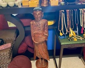Wooden Monk Statue holding Begging Bowl. Lama's handmade Malas. Monk statue: SOLD