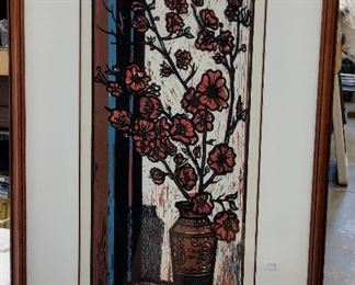 PENCIL SIGNED SERIGRAPH NUMBER 3/100. DEPICTS A VASE AND BLOSSOMS, EXECUTED IF FOUR COLORS. DOUBLE MATTED AND DISPLAYED UNDER GLASS IN A 28" X 18" FRAME 