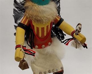 KACHINA DOLL TITLED "CHASING STAR". SIGNED I McB. 17" TALL INCLUDING WOOD BASE TO FEATHERS