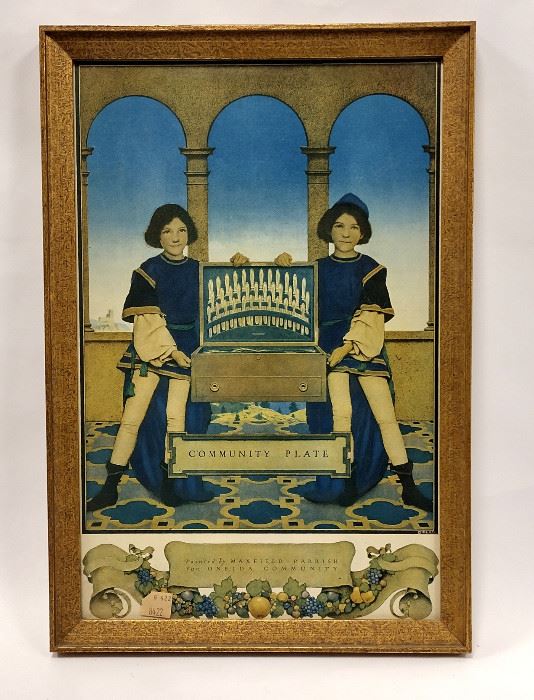 MAXFIELD PARRISH FOR ONEIDA COMMUNITY PLATE FRAMED AD. DATED 1918. 14.5" X 9.5"