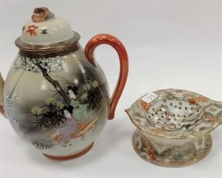 HAND PAINTED JAPANESE PORCELAIN TEAPOT AND TEA STRAINER. BOTH HAND SIGNED OVER THE GLAZE 