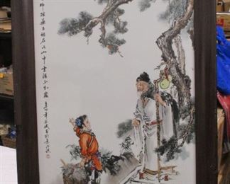 CHINESE PAINTING ON GLASS PANEL. FRAME IS 21.5" X 36.5". NICK ON TOP OF FRAME